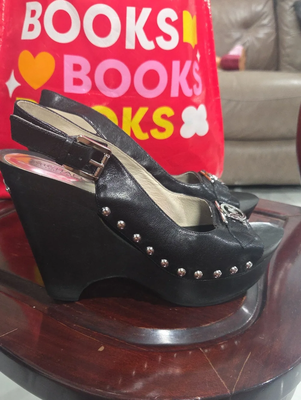 Michael Kors Black Leather Slingback Heels with MK Logo